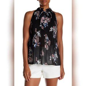 Free Press Sleeveless Tie High Neck Pleated Sheer Floral Halter Blouse Black XL